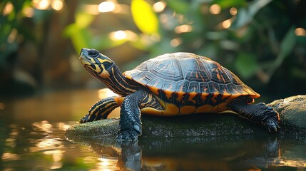 Obraz premium A turtle basking on a rock in a serene natural setting.