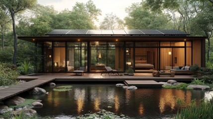 Obraz premium A Solar-Powered Small House by a Peaceful Pond in a Scenic Rural Landscape