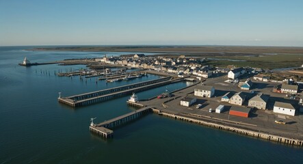 Fototapeta premium Birds eye of coastal fishing town with piers