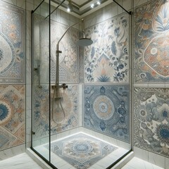 Color of the shower stall White beige blue patterned ;