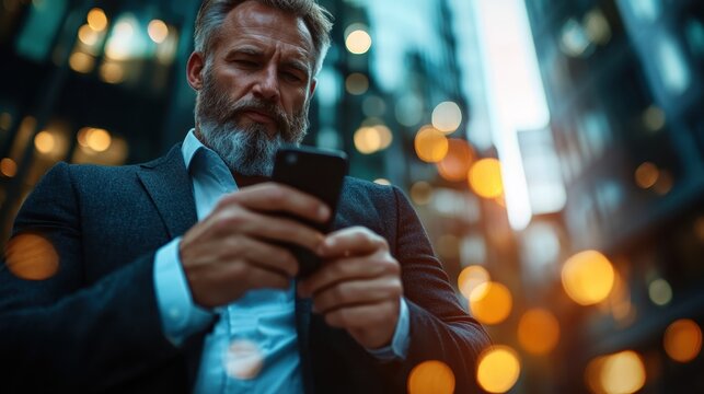 A mature businessman in a suit checks his phone amidst the vibrant city lights, demonstrating the blend of modern technology and professional life in an urban setting.