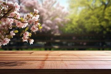 Wooden table top with a view of the blooming spring garden. A branch of cherry blossoms on a rustic table.