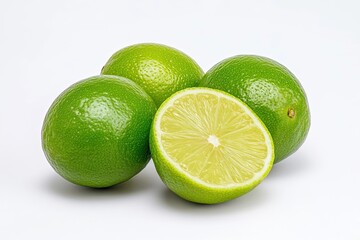 Fresh whole and sliced limes on white background