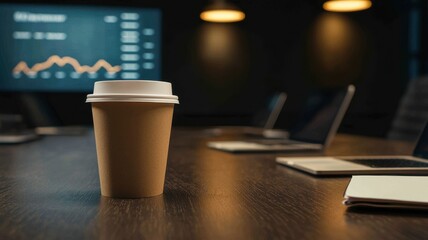 A coffee cup sits on a conference table with a dark background featuring digital graphs and laptops, creating a business meeting atmosphere.