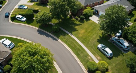 Birds eye of quiet suburban culdesac with parked cars
