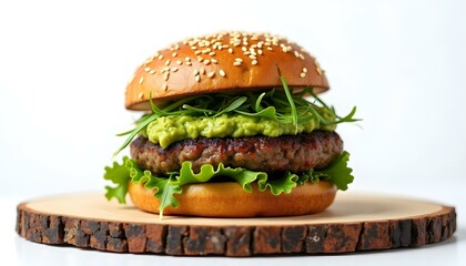 delicious green vegan burger with microgreens and mashed avocado on wooden boar on white background