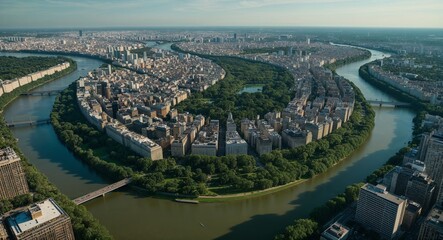 Dense city with green parks and rivers aerial view