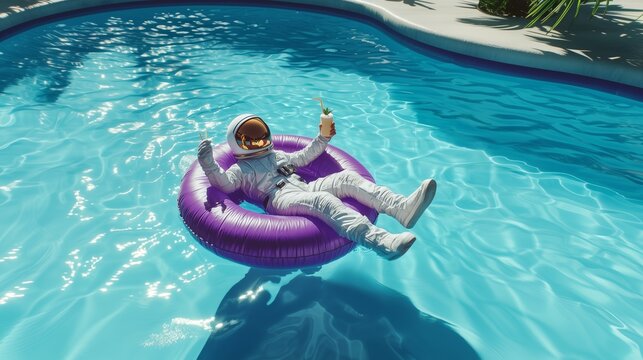 An astronaut lounges on a purple pool float, sipping a drink, showcasing a mix of leisure and space exploration.