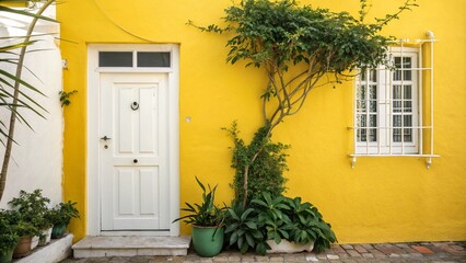 Fototapeta premium Vibrant Yellow Wall with White Door and Lush Green Plant in Sunlit Interior Space