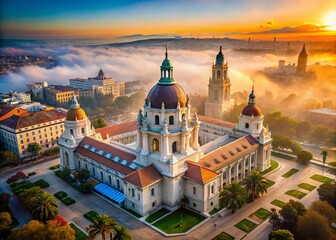 Vintage Aerial Pasadena City Hall in Misty Cityscape - Iconic Architecture and Enchanting Views