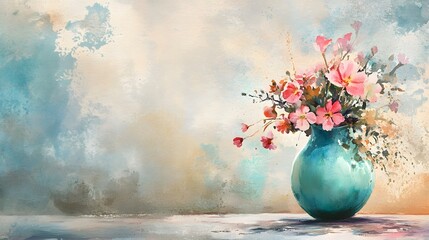 Watercolor Artistic using soft, brushy watercolor strokes, Soft Color, Single object picture - a simple ceramic vase with pastel flowers on a dining table
