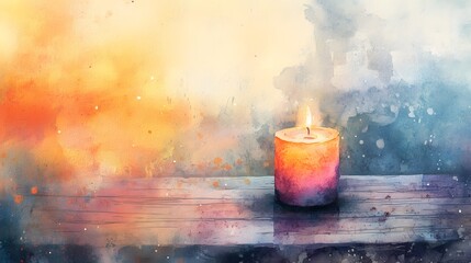 Watercolor Artistic using soft, brushy watercolor strokes, Soft Color, Single object picture - a wooden coffee table with a simple pastel candle arrangement