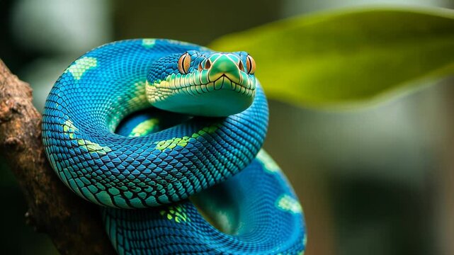 Vibrant Blue Snake Coiled on Branch