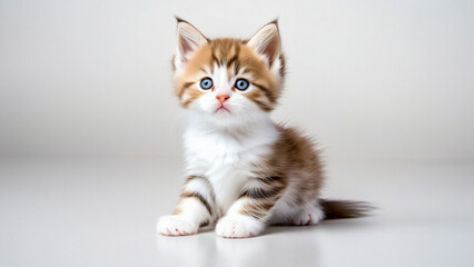 A fluffy kitten with a light brown coat and striking blue eyes sits on a reflective surface, showcasing its playful and curious demeanor in a clean environment for animals.
