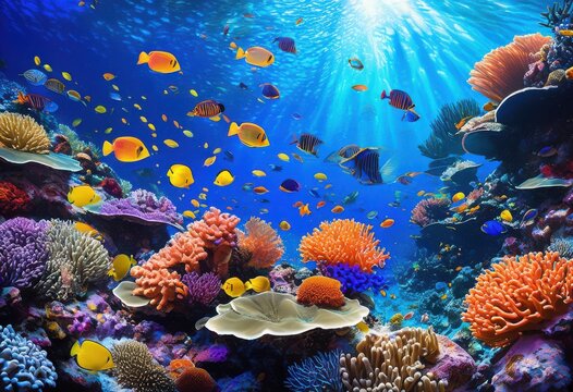 stunning shot aquatic life showcasing vibrant coral colorful diverse marine flora thriving underwater ecosystem, reef, fish, fauna, ocean, diversity, habitat
