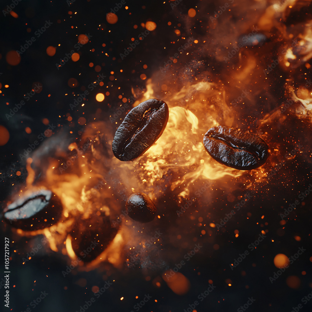 Poster coffee beans are depicted floating in a fiery explosion of sparks and glowing particles, creating an