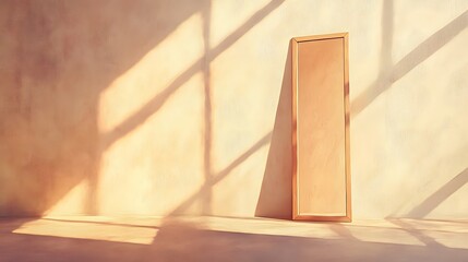 Watercolor Artistic using soft, brushy watercolor strokes, Soft Color, Single object picture - a tall standing mirror with a soft wooden frame leaning against the wall