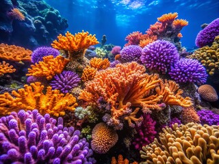 Naklejka premium Vintage Coral Reef Close-Up: Orange and Purple Corals Underwater Photography