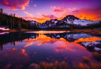 breathtaking vibrant sunset illuminating expansive untouched wilderness landscape majestic mountains serene lake reflection, sky, clouds, scenery, horizon