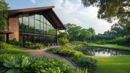 Large glass windowed modern green building amidst lush vegetation and peaceful pond
