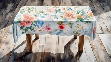 Watercolor Artistic using soft, brushy watercolor strokes, Soft Color, Single object picture - a rustic wooden dining table with a soft floral tablecloth