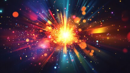 Naklejka premium Bright explosion of colorful background elements, abstract shapes and glowing highlights blending in a powerful burst