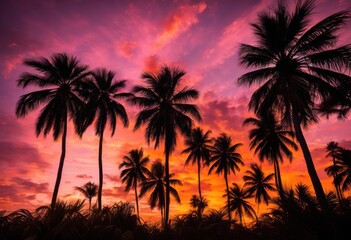 Fototapeta premium vibrant palm trees silhouetted bright sunset sky illuminated warm colors, landscape, tropical, evening, horizon, light, clouds, view, warmth, vacation