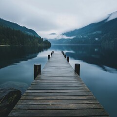 Obraz premium A wooden dock extends into a tranquil lake framed by misty mountain views.