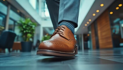 Fototapeta premium Close-up of Brown Leather Brogue Shoe in a Modern Setting