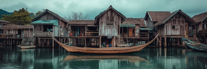 A row of traditional wooden stilt houses with a boat on calm water.