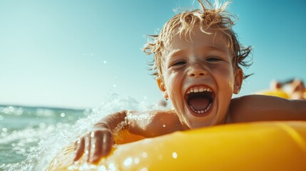 A happy young boy smiles widely as he rides a yellow inflatable raft in the ocean, with water splashing around him under a clear blue sky, capturing pure joy.