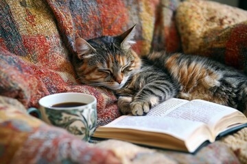 a cat taking an afternoon nap on a soft sofa, next to a cup of coffee and an open book