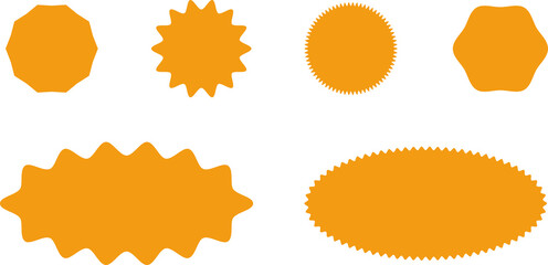 Starburst orange sticker set for halloween - collection of special offer sale oval and round shaped sunburst labels and badges. Promo stickers with star edges