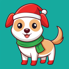 Cute Christmas Dog With Santa Hat And Scarf Cartoon Illustration For Holiday Design