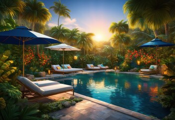 Fototapeta premium colorful poolside oasis featuring lush tropical decor vibrant relaxing lounge areas surrounded luscious greenery, umbrellas, lounges, flowers, drinks