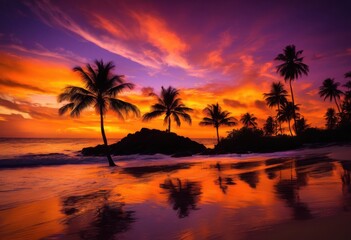 Fototapeta premium stunning tropical palm trees silhouette vibrant sunset serene beach setting, sky, waves, clouds, nature, landscape, horizon, water, shoreline, sunlight