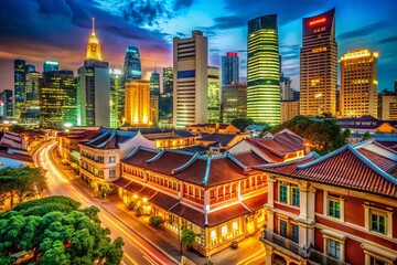 Obraz premium Vintage Night Cityscape of Singapore Landmarks Illuminated with a Classic Aesthetic