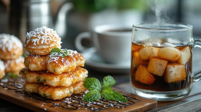 An enticing display of traditional fried snacks garnished with mint leaves, accompanied by a steaming glass of tea, capturing a moment of exquisite culinary indulgence.