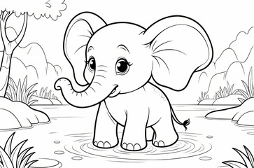 Obraz premium Cute Elephant Bathes in the River - African Savanna Coloring Book Page