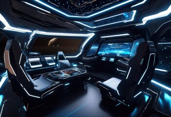Fototapeta premium futuristic spaceship interior featuring sleek illuminated controls high tech displays bathed soft ambient light, technology, lights, illumination, advanced