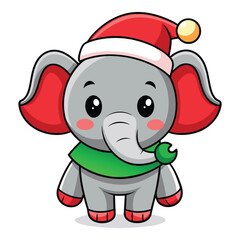 Cute Christmas Elephant with Santa Hat and Green Scarf Cartoon Illustration