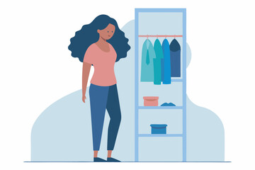 A curly-haired woman in casual attire stands before an open wardrobe, contemplating her clothing choices. The scene is orderly, with visible clothes and accessories.
