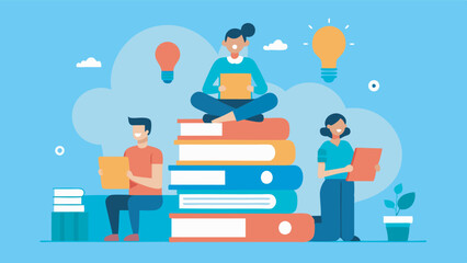Three people surrounded by books, with light bulbs symbolizing ideas. Vibrant, positive atmosphere promotes learning and growth in a flat vector illustration.