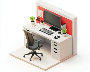 Tiny cute isometric home office, desktop in the middle, black computer chair, soft smooth lighting,