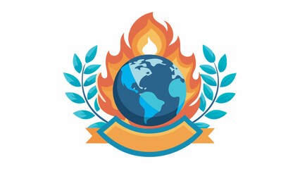 A globe on fire with laurel leaves, continents of Americas shown, flames change from red to yellow, yellow banner, white background. 