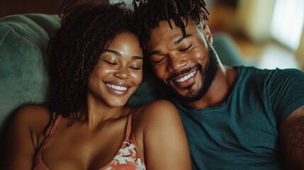 A content couple relaxes on a couch, their heads touching, eyes closed, with joyful expressions, emitting warmth, affection, and intimacy in a serene home space.