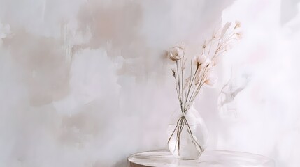 Watercolor Artistic using soft, brushy watercolor strokes, Soft Color, Single object picture - a glass vase filled with light pink flowers resting on a side table
