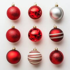 top down shot of christmas ornaments on blank white background