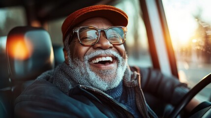 A joyful elderly man wearing a hat and glasses is laughing heartily while sitting in a vehicle's front seat, capturing a moment of pure happiness and vibrant energy.