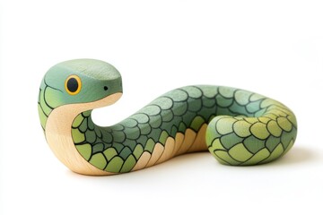Fototapeta premium year of the snake, a charming wooden snake in green, representing the new year, is seen alone against a white backdrop